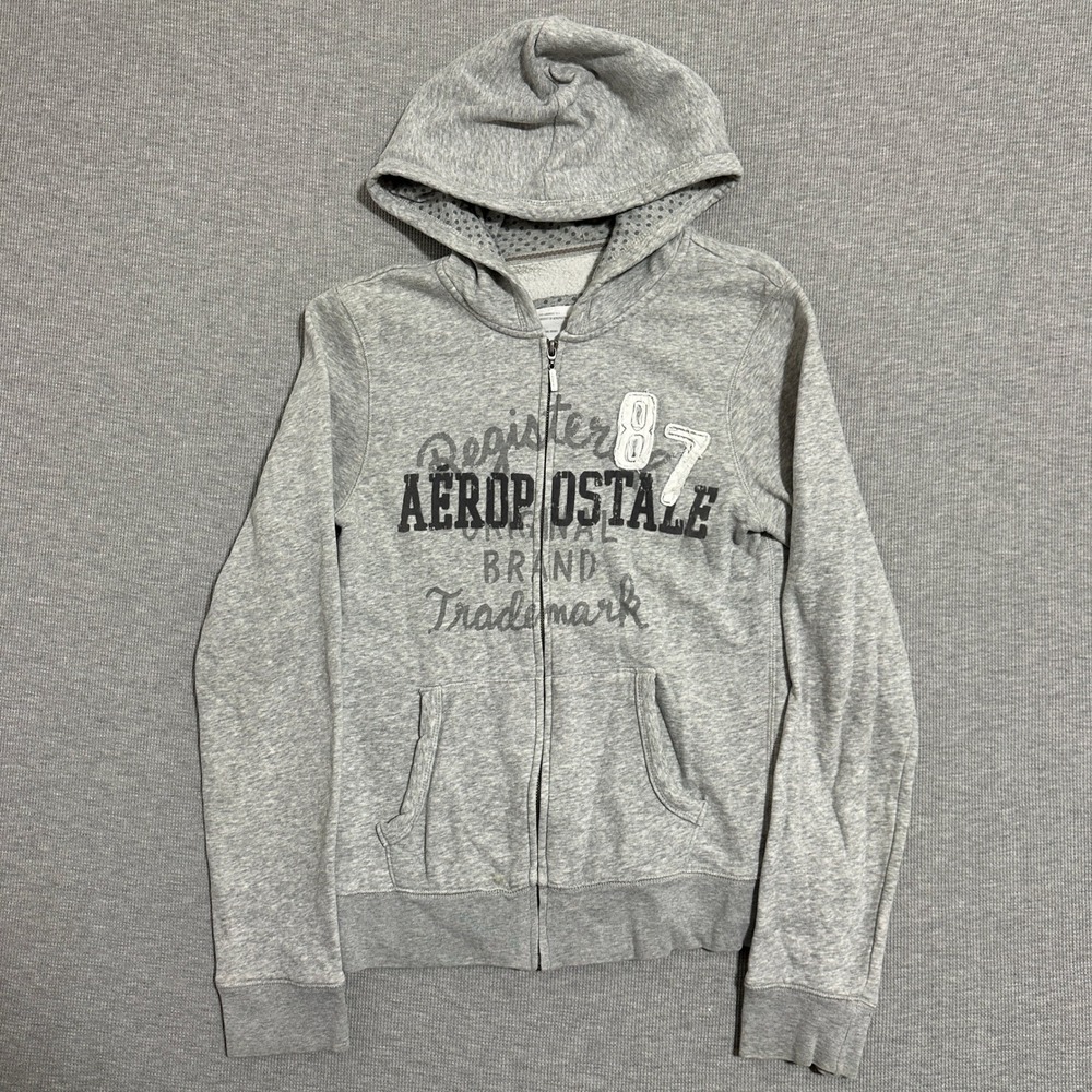 Aeropostale Graphic Logo Full Zip Hoodie Sweatshirt Gray Womens Size Large